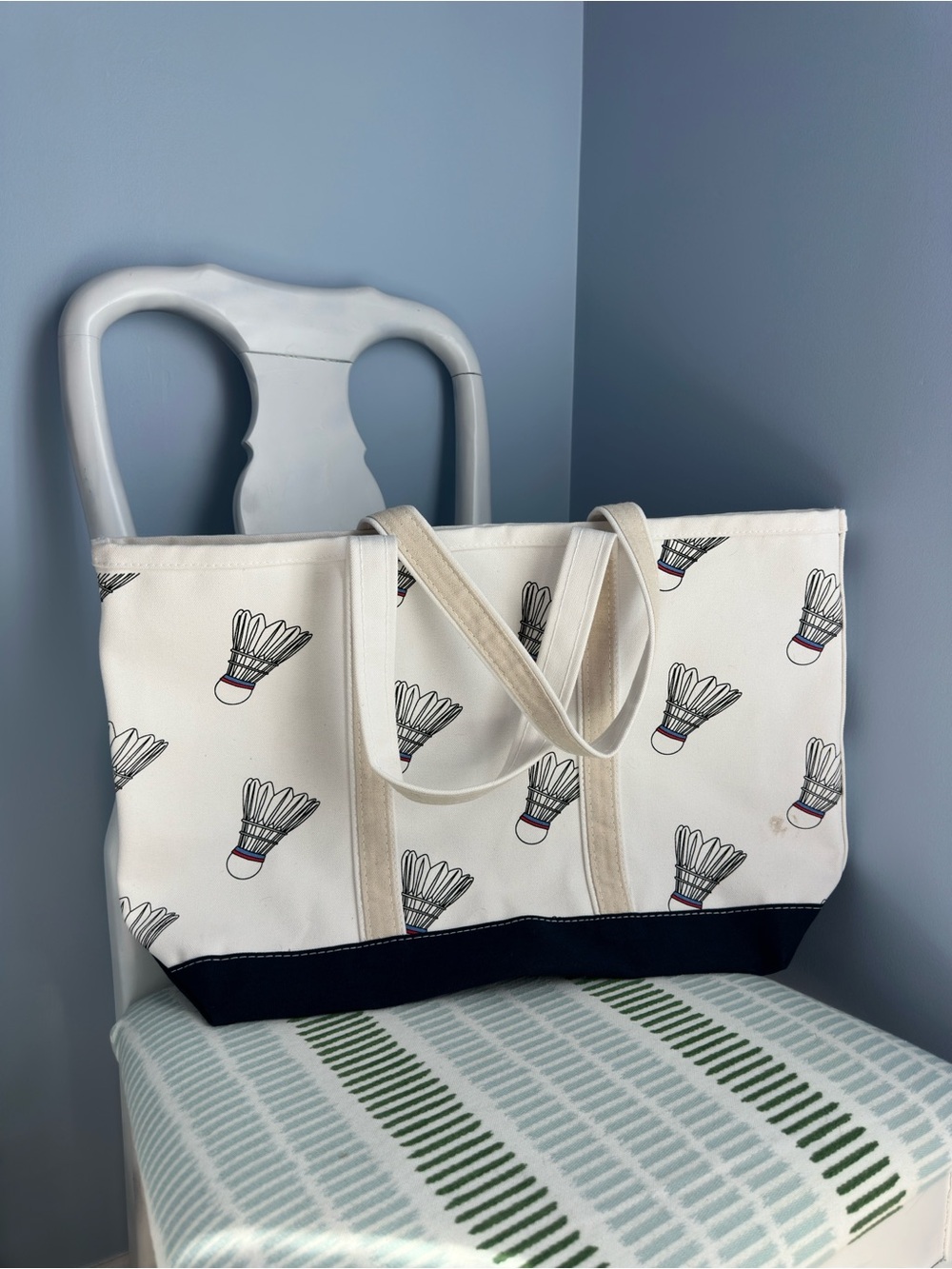 Crab & Cleek Canvas Print Tote Bag In White With Navy Badminton